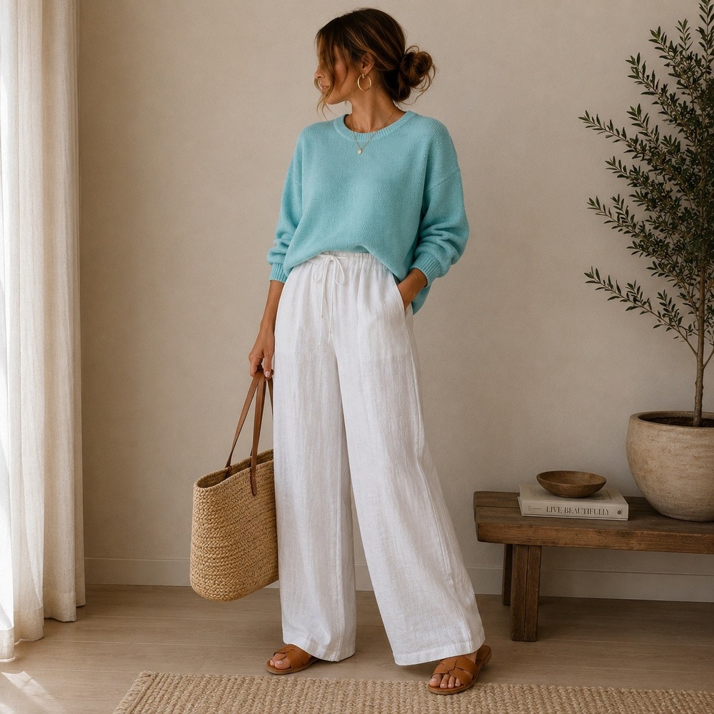 Eileen Fisher Light Blue Crewneck Sweater Women's PM Petite Organic Linen Cotton